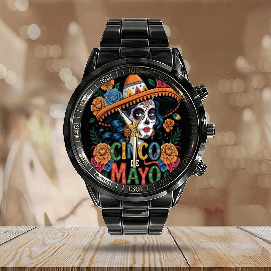 Cinco de Mayo Sugar Skull Girl Sombrero & Flowers Calendar Steel Band Watch