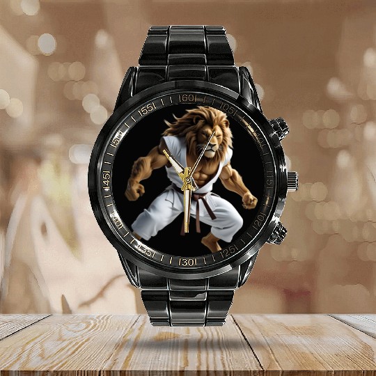 Karate Lion Warrior Calendar Steel Band Watch