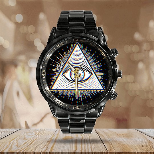 Illuminati - Psychedelic Seeing Eye - Evil Eye Calendar Steel Band Watch