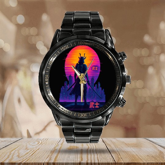 Neon Samurai - Cyberpunk Warrior Art Calendar Steel Band Watch
