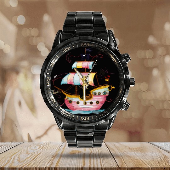 Colorful Pirate Ship Adventure Fantasy Watercolor Calendar Steel Band Watch