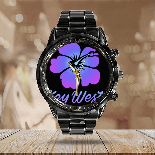 Key West Tropical Flower Calendar Steel Band Watch