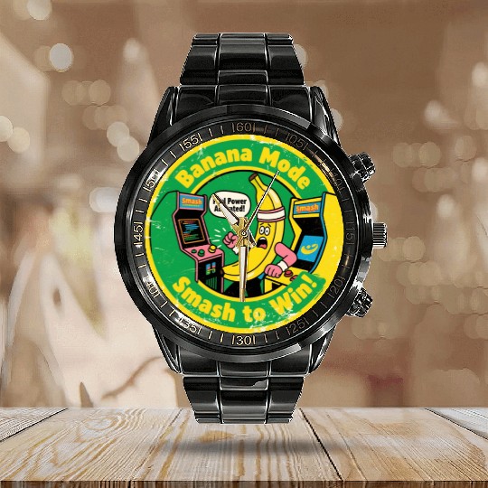 Funny Banana Gamer Smash to Win Banana Mode Calendar Steel Band Watch