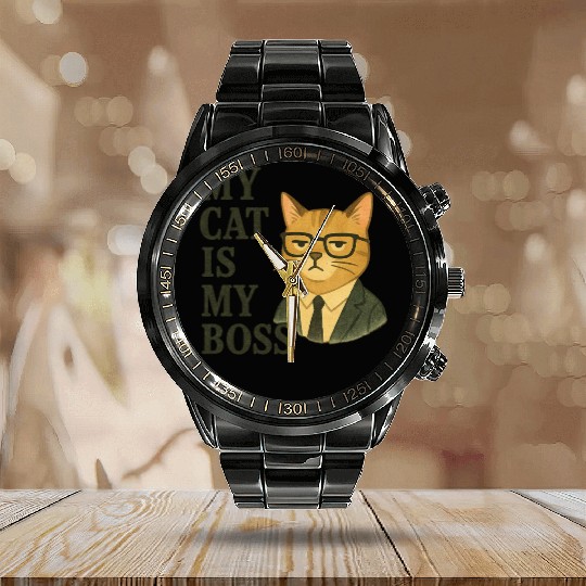 My Cat Is My Boss – Funny Cat in Suit Illustration Calendar Steel Band Watch