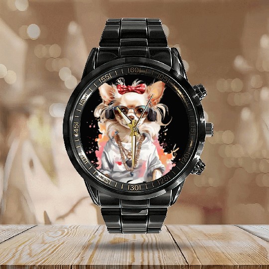 Bling Chihuahua Calendar Steel Band Watch