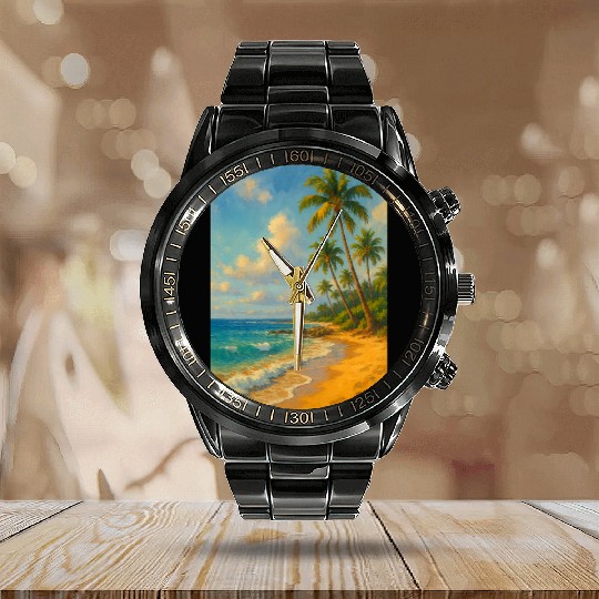 Tropical Serenity – Peaceful Beach Landscape Art Calendar Steel Band Watch