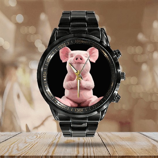 Peaceful Meditating Pig Artwork for Relaxation Calendar Steel Band Watch