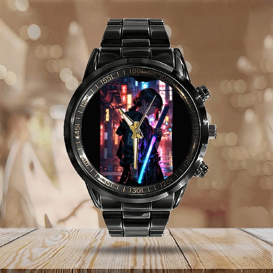 Cyberpunk Samurai Girl Calendar Steel Band Watch
