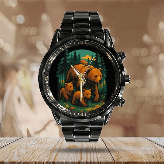 Mama Bear and Cubs Forest Calendar Steel Band Watch – Bold Wildlife