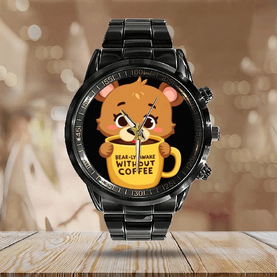 Bear-ly Awake! - Cute Bear Cub & Morning Coffee Calendar Steel Band Watch