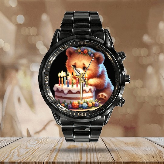 Birthday Bear – Cute Candle Cake & Floral Crown Calendar Steel Band Watch