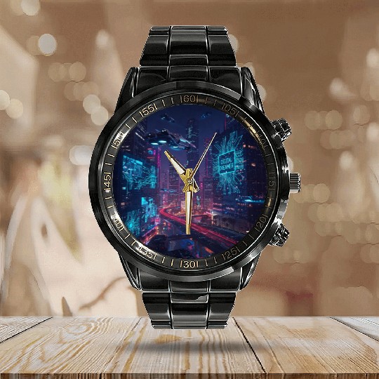 Neon cyberpunk city digital dreamer for men Calendar Steel Band Watch