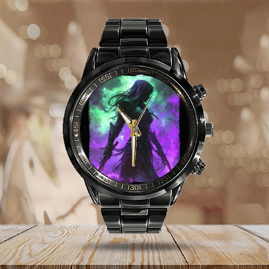 Mystical Assassin Woman In Violet Fog Fantasy Calendar Steel Band Watch