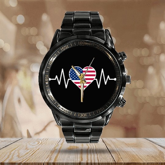 American Flag Heart Calendar Steel Band Watch Freedom 4th of July