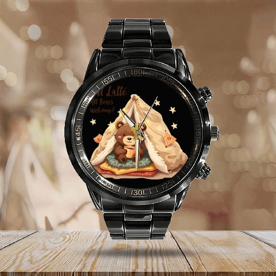 Fort Latte - Cute Bear Cub & Cozy Coffee Fun Calendar Steel Band Watch