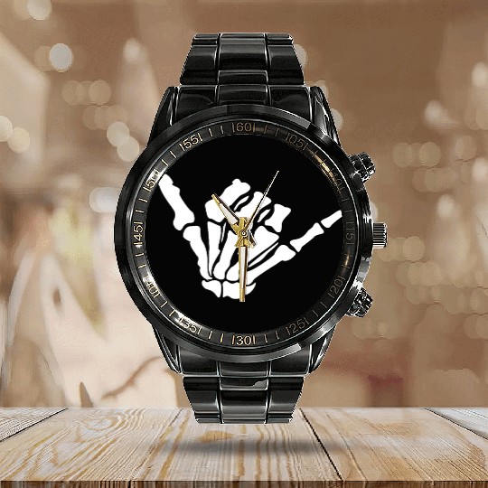 Skeleton Shaka Hand – Bone Hang Loose Calendar Steel Band Watch