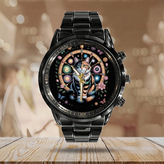 Wheel of Fortune Tarot Cat Art Calendar Steel Band Watch