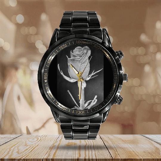 Realistic Graphite Rose & Dew Drawing - RT Art © Calendar Steel Band Watch