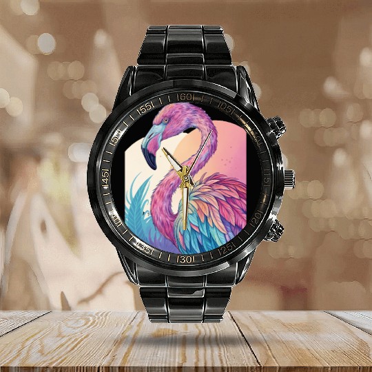 Psychedelic Flamingo Calendar Steel Band Watch