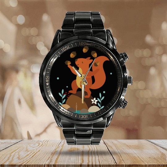 Juggling Squirrel - Funny Forest Scene Calendar Steel Band Watch