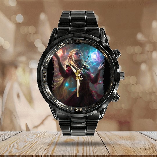 Magical Elf Sorceress under Starlight Calendar Steel Band Watch