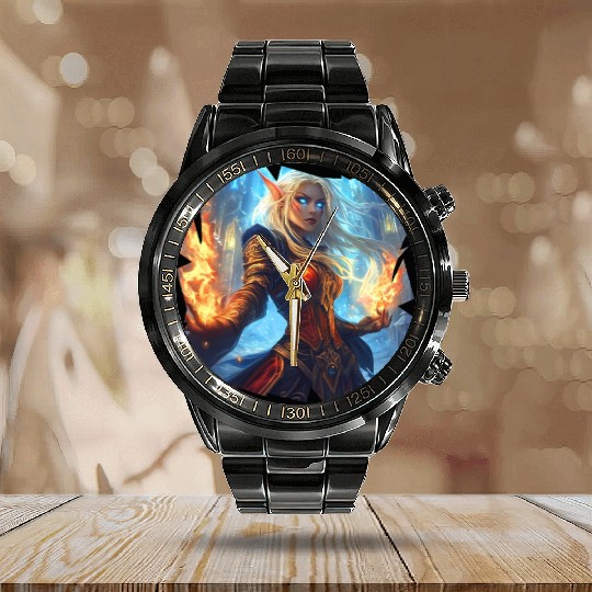 Fire Elf Sorceress with Blazing Spell Power Calendar Steel Band Watch