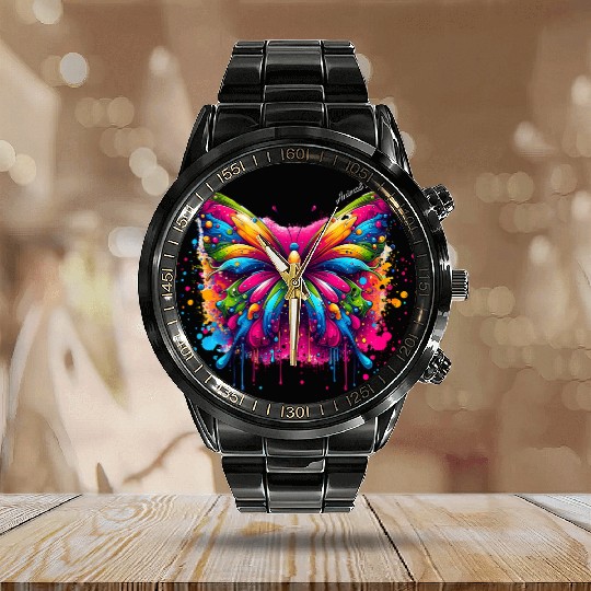 Vibrant Psychedelic Butterfly Artwork Calendar Steel Band Watch