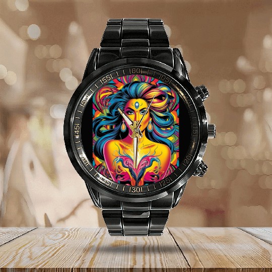 Vibrant Psychedelic Goddess Illustration Calendar Steel Band Watch