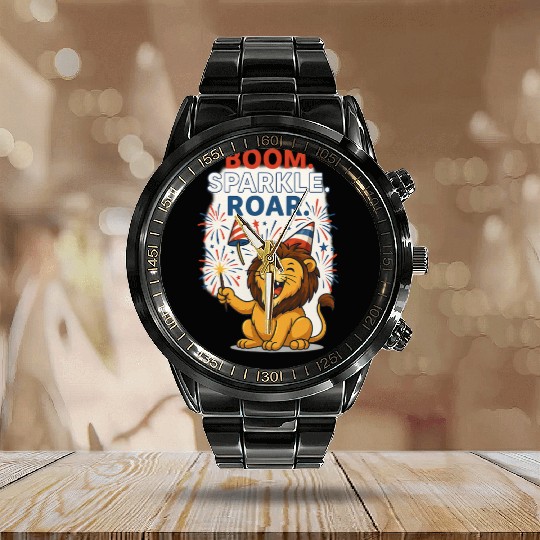 Boom Sparkle Roar – Cute Patriotic Lion with Firew Calendar Steel Band Watch