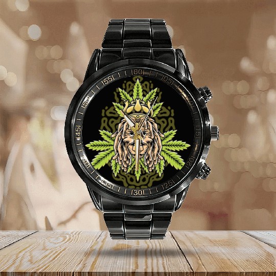 handdrawn lion marijuana leaf with old school t Calendar Steel Band Watch