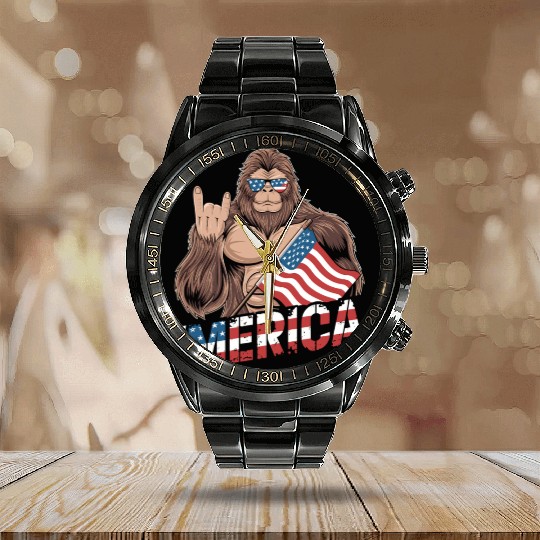 Patriotic Bigfoot with US Flag Calendar Steel Band Watch