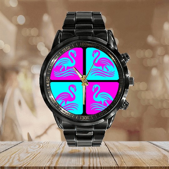 Flamingo Waves Pop Art Calendar Steel Band Watch