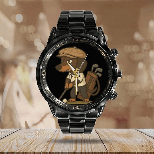 Funny Golfer Gift – Dachshund on the Calendar Steel Band Watch