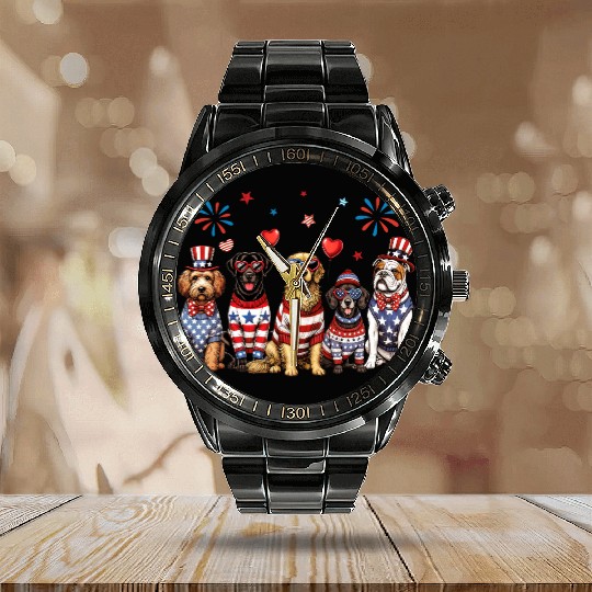 Patriotic Dogs Calendar Steel Band Watch