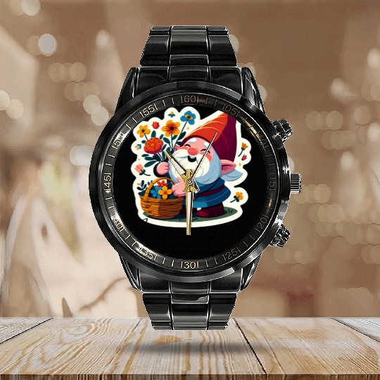 A Gnomes Embrace Calendar Steel Band Watch