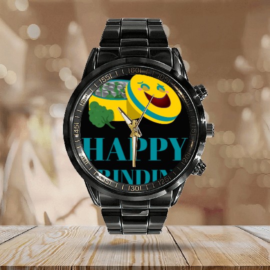 Cheerful Smiling Pills and Broccoli Design Calendar Steel Band Watch