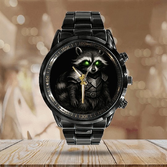 Armored Forest Raccoon – Glowing-Eyed Fantasy Ward Calendar Steel Band Watch
