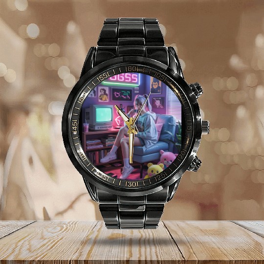 Y2K Gamer Girl Vibes – Retro Tech & Neon Room Aest Calendar Steel Band Watch