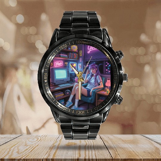 Y2K Gamer Girl Vibes – Retro Tech & Neon Room Aest Calendar Steel Band Watch