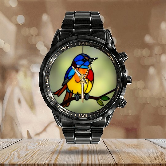 STAINED GLASS BIRD Calendar Steel Band Watch