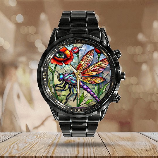 Dragonfly stained glass poppy flower insect eye Calendar Steel Band Watch