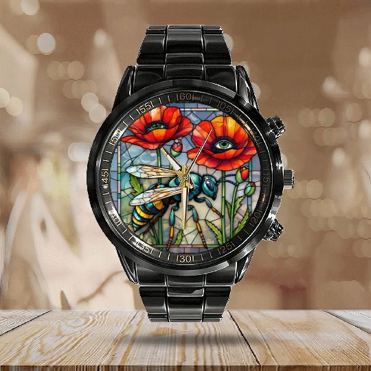 Wasp hornet bee stained glass vibrant poppy flower Calendar Steel Band Watch