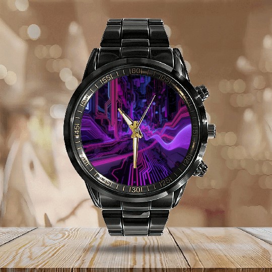 Cyberpunk Cityscape Calendar Steel Band Watch