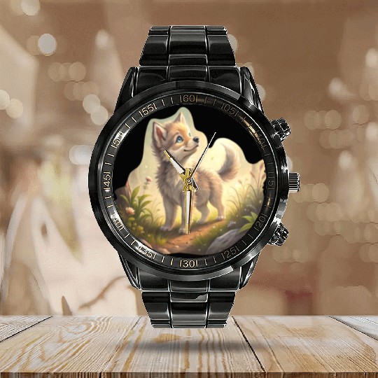 Autumn Whispers Wolf Pup Calendar Steel Band Watch