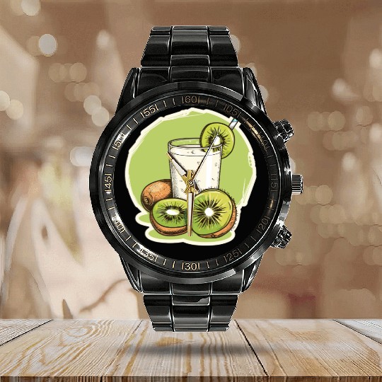 Kiwi fruit and juice with straw illustration Calendar Steel Band Watch