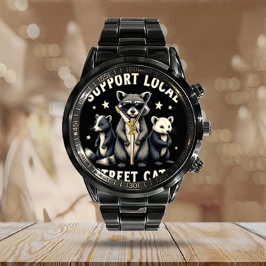 Support Local Street Cats Funny Raccoon Opossum Calendar Steel Band Watch
