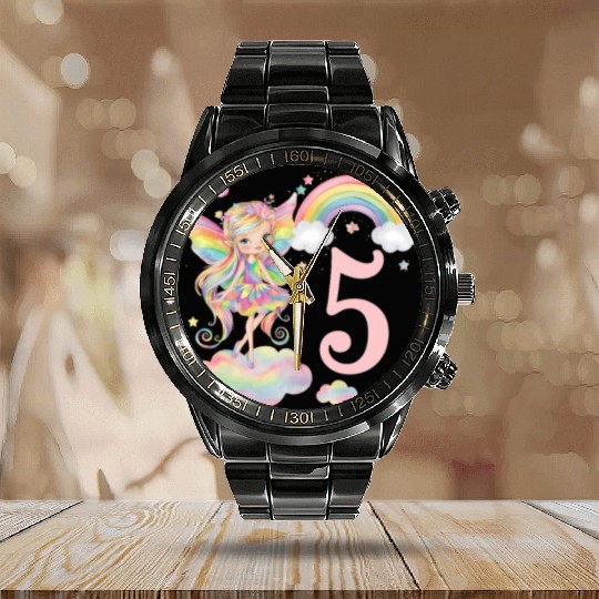 Magical Rainbow Fairy Elf 5th Birthday Girl Calendar Steel Band Watch