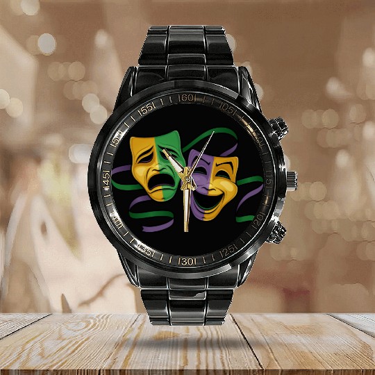 Festive Mardi Gras Party Happy & Sad Theater Masks Calendar Steel Band Watch