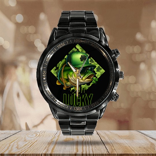 Reelin' Lucky Bass Fish Calendar Steel Band Watch