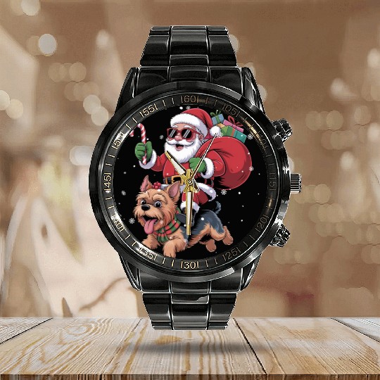 Santa Claus Yorkie Dog Christmas In July Calendar Steel Band Watch